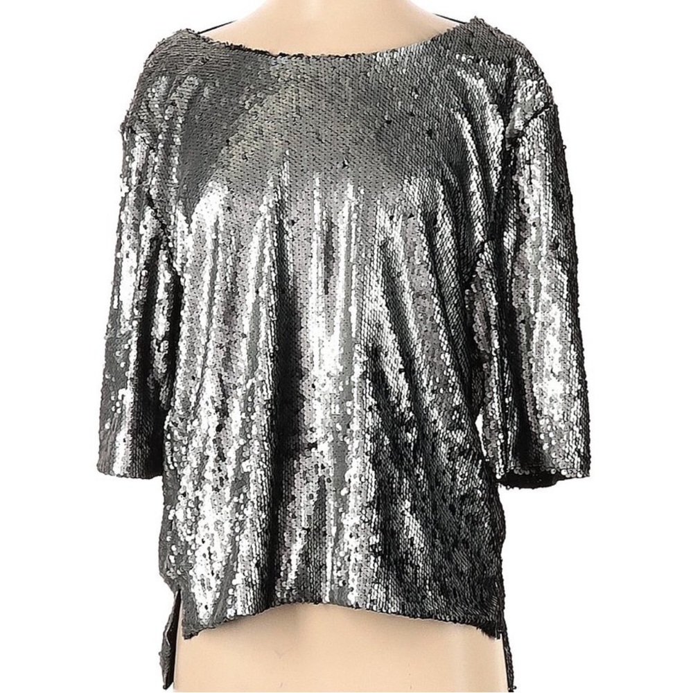 Toby Heart Ginger Matte Silver Sequin Short Sleeve Open Back Holiday Top Large View 6